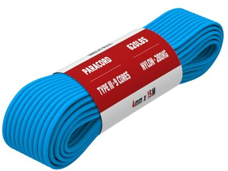 Brotree Paracord 4mm 15M 9 Strands 100% Nylon Rope Type 3 Parachute Cord for Outdoor, Bracelet, DIY - 280kg Breaking Load (Blue)