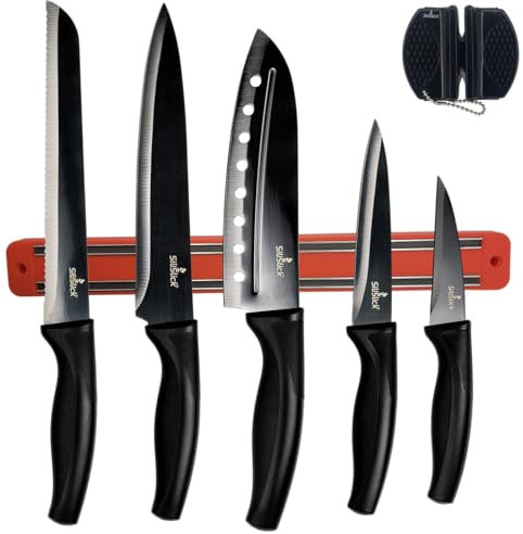 SiliSlick Buntes Edelstahl Messerset – Titanbeschichtetes Küchen Starter Set mit Allzweckmesser, Santoku, Brot, Koch- und Schälmessern mit schwarzem Spitzer und magnetischem Montagegestell
