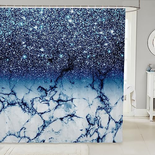 Loussiesd Cortina de baño de mármol con purpurina azul y blanca degradada, cortina de ducha plateada brillante para niños, decoración moderna de mármol, juego de cortina de ducha de baño de poliéster
