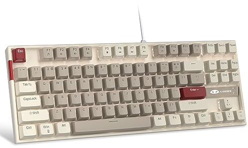MageGee 75 % mechanische Gaming-Tastatur, brauner Schalter, LED-weiße Hintergrundbeleuchtung, 87 Tasten, kompakte TKL-Computertastaturen für Windows, Laptop, PC, Gamer – Retro-Grau/Weiß