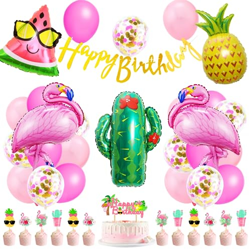 Flamingo Geburtstag Deko Set, Flamingo Foilenballon Party Dekoration, Urlaub Sommer Deko, Ananas Ballon, Happy Birthday Banner mit Tortendeko, Sommerfest Hawaii Style Geburtstagsdeko