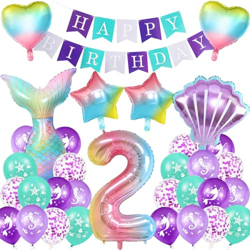 Meerjungfrau Geburtstag Deko 2 Jahre,XXL Regenbogen Zahlen 2 Folien Luftballon,Meerjungfrauen Luftballon 2 Jahre,Geburtstagsdeko Mädchen,Meerjungfrauen Thema Party Set