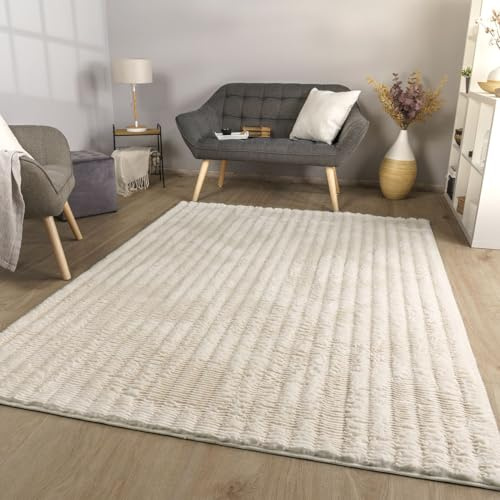 TT Home Wohnzimmer Teppich Esszimmer Langflor Skandi Optik Geometrisch 3D Unifarben, Farbe:Hellbeige Creme, Größe:160x220 cm