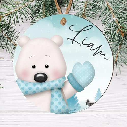 Personalised Christmas Tree Name Bauble - 12 Unique Designs (Elf, Santa, Reindeer, Snowman, Penguin, Polar Bear) (Design 2, Mdf Wood Indoor Use Only)