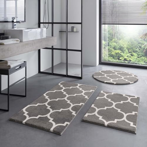 Taracarpet Badematte Badteppich für das Badezimmer waschbar in der Waschmachine Florentiner Muster Dunkelgrau Anthrazit 080x150 cm