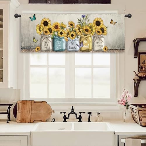 Miyotaa Rustikaler Sonnenblumen-Bauernhaus-Küchenvorhang mit Volant 54B x 18H Stangentasche Zitate Motivierende Inspirierende Landhaus Vintage Fensterbehandlung für Wohnzimmer Schlafzimmer Badezimmer