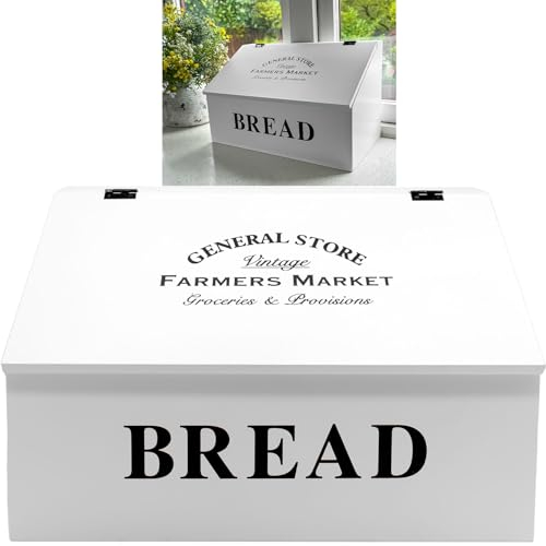 Maison Des Cadeaux White Wooden Farmhouse General Store Bread Bin Counter Top Kitchen Storage Box
