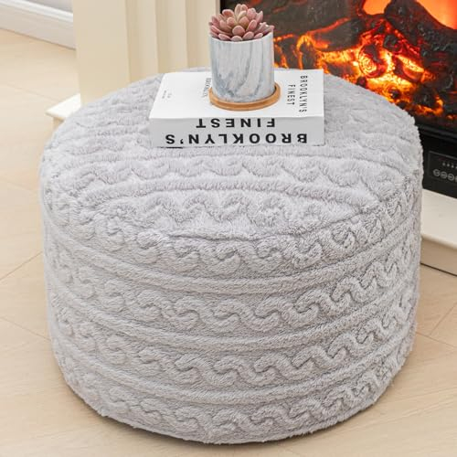 Asuprui Runder Pouf, Ottomane, gefüllter Sitzhocker, Fußhocker, Bodenstuhl für Wohnzimmer, Schlafzimmer, gefüllt, Boho, Fußstütze für Couch (50,8 cm Durchmesser x 30,5 cm Höhe) (hellgrauer Pouf mit