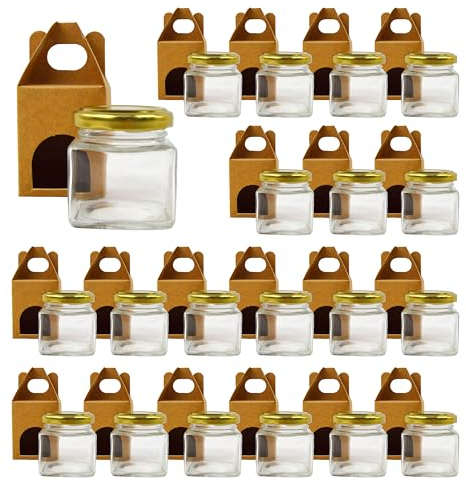 Espirito Rebelde 20x Pot en Verre Carré pour Épices 80ml avec Couvercle + 20 Boîtes Kraft - Bocaux Rangement Cuisine - Épices, Confiture, Yaourt