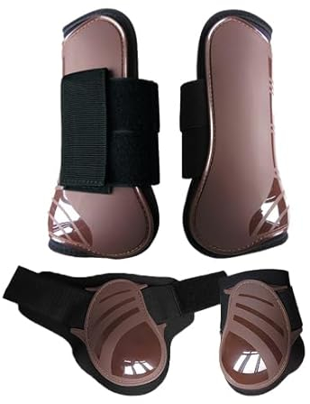Merauno® Gamaschen Pferde 4er Set Gamaschen Paar für vorne hinter Hartschale und Klettverschluss für Damen& Herren PU Robust Elastisch Tendon Boots Classic (L, Braun)