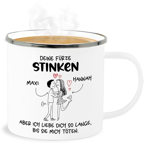 Emaille Becher Blechbecher - Partner Freund & Freundin - Deine Fürze stinken I Paar Geschenke Pärchen Valentinstag - 300 ml - Weiß Silber - liebeserklärung furz tasse für paare pups tassen