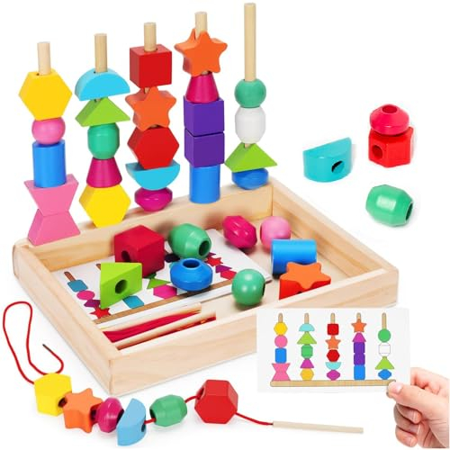 ENIKMOSD Holzspielzeug Steckspiel Fädelspiel Bausteine Sortierspiel für Kinder,Montessori Spielzeug ab 3 4 5 Jahre,Holz Stapelspiel Feinmotorik Motorikspielzeug Lernspiele Geschenk für Junge Mädchen