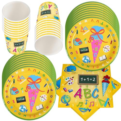 MEZHEN Partygeschirr Schulanfang Party Geschirr Einschulung Pappteller Becher Servietten Schuleinführung Geschirrset Tischdeko Geschirr 1. Schultag Schulanfang Einschulung Deko 16 Gäste