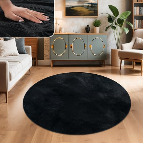 Paco Home Teppich Wohnzimmer Kunstfell weich waschbar modern elegant pflegeleicht Felloptik Uni Seidenglanz flauschig Hochflor, Grösse:Ø 100 cm Rund, Farbe:Schwarz