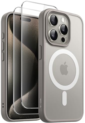 JETech 3 in 1 Magnetic Case for iPhone 15 Pro Max 6.7-Inch with 2 Pack Tempered Glass Screen Protectors, Compatible with MagSafe, Translucent Matte Back Shockproof Phone Cover (Natural Titanium)