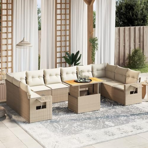 Homgoday 11-TLG. Balkonmöbel mit Kissen Gartenlounge Gartenmöbel Set Gartensofa Modular Ecksofa Sofagarnitur Loungemöbel Sitzgruppe für Balkon und Terrasse Beige Poly Rattan