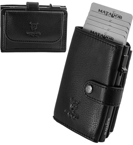 MATADOR Slim Wallet Miami mit XL-Münzfach | Leder Kreditkartenetui mit POP-UP Kartenhalter - mit RFID-Schutz - Mini Portemonnaie – kleine Geldbörse Männer mit Geschenk-Box Nappa Schwarz