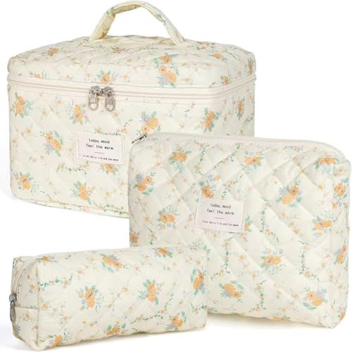 Rockreyoa Trousse de toilette Coquette - En coton - Grande trousse de maquillage - Organisateur avec compartiment à brosse - Trousse de toilette Kawaii - Motif fleurs orange sur jaune - 26 x 7 x 18 cm