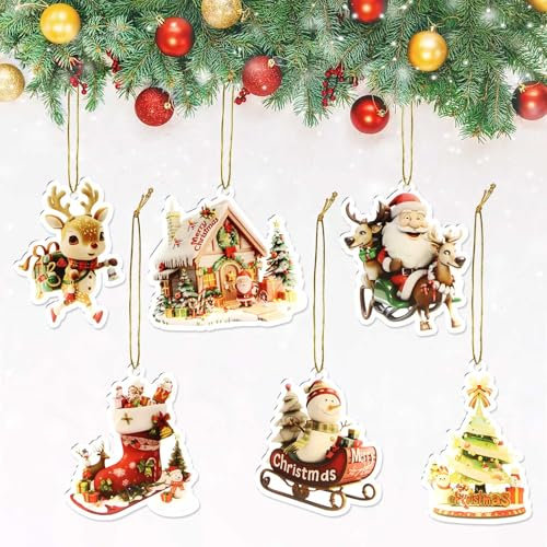 6 Piezas Adornos Acrílicos para Árbol de Navidad, Colgantes Decorativos con Cuerda para Interior y Hogar