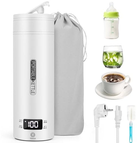 500ML Bollitore Elettrico, 300W Mini Bollitore da Viaggio Portatile, 4-Temperatura Regolabile 45-100℃, 3 in 1 Bollitore in Acciaio Inox 316, Senza BPA, Ebollizione Rapida per il Campeggio, Outdoor