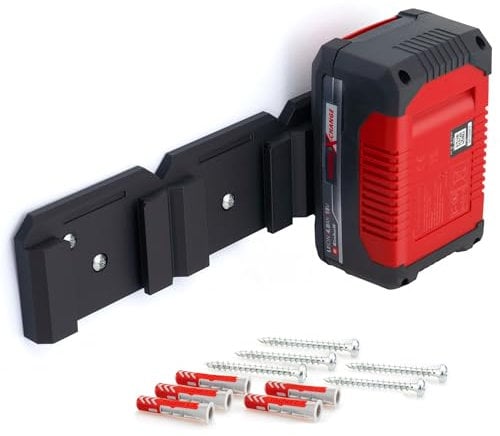 Akku Wandhalterung für Einhell 18V Akkus Power X-Change - robuste platzsparende Halterung, Aufbewahrung für 3 Akkus, 5 Schrauben & 5 Dübel, Einfache Montage mit Einrastfunktion [Made in Germay]
