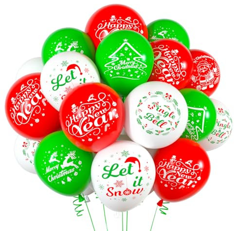 NEBURORA 30 Stück Luftballons Weihnachten, 12 Zoll Weihnachtsballons, rote, grüne und weiße Latex Weihnachtsballons mit Bändern,6 Frohe Weihnachten Stil für Weihnachtsfeier-Dekorationen