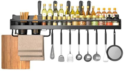 Spice Rack Wall Mounted,Spice Organizer with Adhesive Sticker and Screws | Hanging Kitchen Wall Shelf with 8 Hooks,Kitchen Shelves Wall Mounted for Knife,Cutlery and Towel Storage