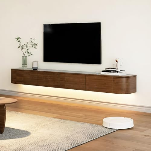 BIGYOUZI Schwebender TV-Schrank aus massivem Holz,Wand TV Schranks mit lockers Nussbaum 240 * 30 * 20CM Mit LED-Licht