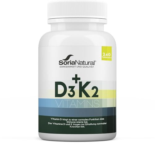 Vitamine D3 K2 MK7 Absorption Max - 8 Mois - Haute Dose pour Renforcer les Os, les Dents, l’Immunité et la Vitalité - D3 K2 Vitamine Soria Natural