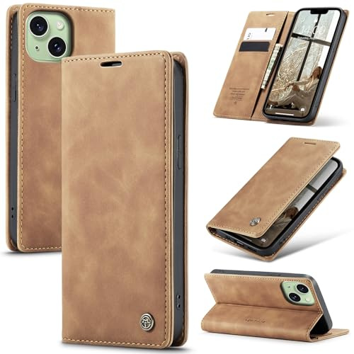 Azororo Handyhülle für iPhone 15 5G Hülle Premium Lederhülle Flip Case Magnet Tascher Kartenfach Standfunktion Klapphülle Schutzhülle für iPhone 15, Braun