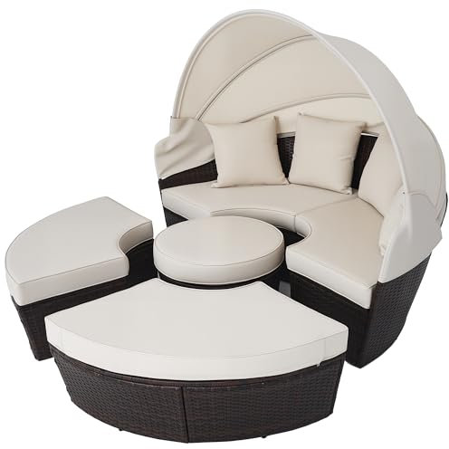 CO-Z Bain de Soleil Rond Modulable Salon de Jardin Extérieur Lit de Jour Chaises Lounges Bronzage Repos Mobilier avec Auvent Rétractable Oreillers Table de Café Housse Imperméable, Beige