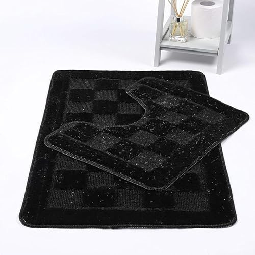 Bella Nights Squares 2 Piece Bath Mat & Pedestal Set – Non Slip & Extra Absorbent – Square Bathroom Toilet Rug Set – Soft Bath Mats for Bathroom Floor (Black)