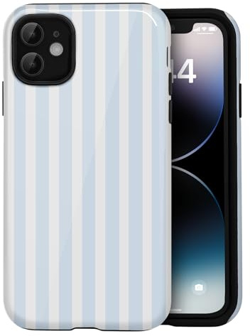 Amzfield Compatible with iPhone 12/12 Pro Case Cute Striped Aesthetic Retro Design for Women Girls Fall Simple Chic Girly Pretty Dual Layer Hybrid Protection Elegant Case, Blue