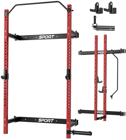 Garvee Folding Squat Rack for Home Gym, 2.36 in x 2.36 in Wall Mounted Foldable Squat Rack with Pull Up Bar, J Hooks and Landmine Attachments, 1000 LBS Capacity Space Saving Weight Power Cage | Pull Up Bar, J Hooks and Landmine Attachments, 1000 LBS Space Saving Weight Power Cage for Home Gym