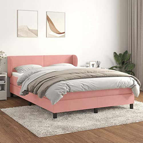 Teenpull Lit à sommier tapissier avec matelas, rembourrage en velours rose, 140 x 190 cm, tête de lit réglable en hauteur, matelas à ressorts ensachés mi-durs pour un sommeil réparateur