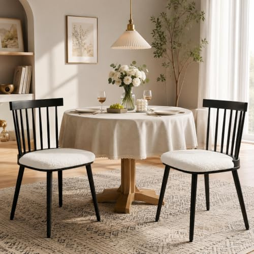 Bekrvio Esszimmerstühle 2er Set, Windsor Stühle mit Bouclé Polsterung, Weiß | Massivholz mit weicher Bouclé-Sitzpolsterung, klassischem Windsor-Design, 7 cm Dickes, Weiches Polster, 150kg Belastbarkeit