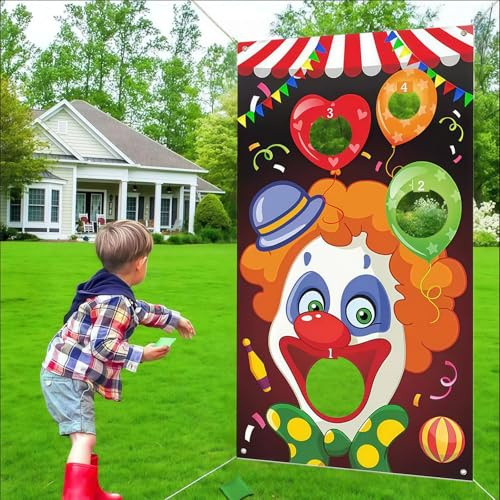 KLINNA Zirkus Wurfspiel Banner Mit 4 Bohnentaschen, Lustiges Karneval Wurf Spiel Set, Indoor Outdoor Spiele Für Kinder, Großes Clown Motiv Als Deko Für Karneval Party & Geburtstag, 135x75 cm (Clown)