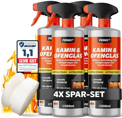 Kaminscheibenreiniger 4x 550ml extra stark - Kaminglasreiniger gegen hartnäckigen Ruß an Ofenscheiben - Kaminreiniger zum Reinigen verrußter Kaminscheiben & Ofenglas