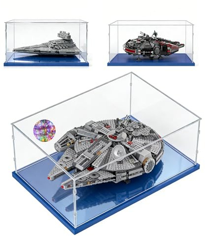 Acryl Vitrine 50x40x20 für Lego Millennium Falcon 75257 75105 75389 10299 | für Imperial Star Destroyer 75394,Coruscant Guard Gunship 75354,Klar Acryl,Einfach zu Installieren,Staubschutz,Blaue Basis