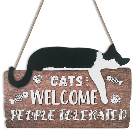 NymphFable Cartel Divertido de Gato para la Pared, Placa de Madera Rústica Se Admiten Gatos, Personas Toleradas para Decoración de Hogar, Puerta Principal o Porche para Amantes de las Mascotas