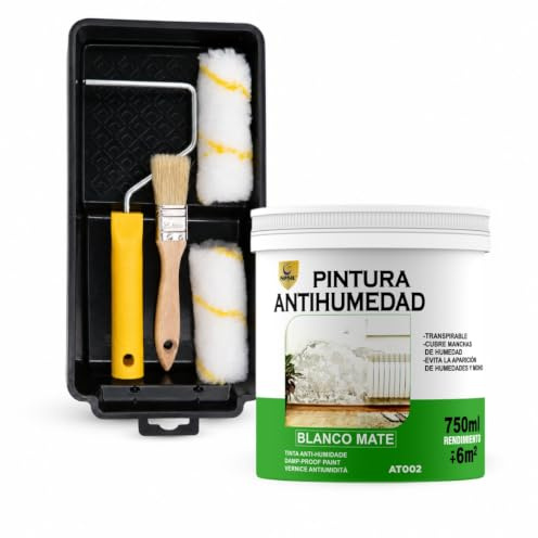 SPSIL Pintura Antihumedad Blanco Mate 750ml + Kit Pintura 5 Piezas, Cubre Manchas Humedad y Moho para Paredes Techos Baño Cocina Secado Rápido