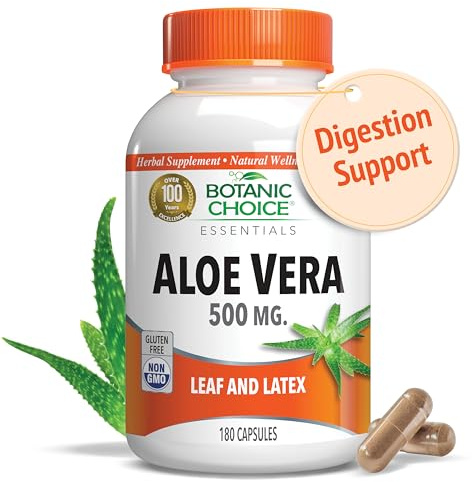Aloe Vera- Leaf and Latex, Digestive, Liver, Stomach health-Contains Amino Acids, Vitamins, Minerals, Enzymes- 500mg-Gluten Free, Non-GMO-180 capsules