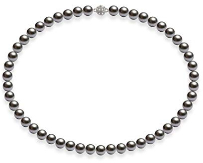 Schmuckwilli Perlenkette für Damen Magnetverschluß - mit dunkel grauen runden Perlen - Elegante Kette mit Muschelkernperlen für jeden Anlass -die Halskette - Choker Pearl Necklace für Frauen