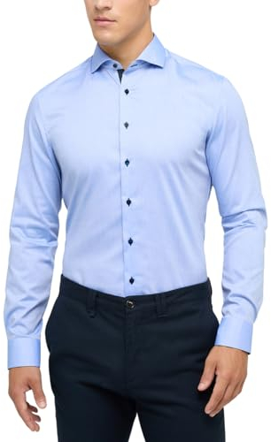 eterna Langarm Hemd Slim FIT Pinpoint unifarben, Mittelblau, W40 Langarm