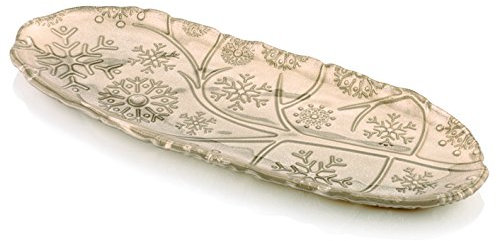 IVV Glassware Snowflake Glass Oval Platter with Glitter Decoration, 17 x 6-1/2, Beige