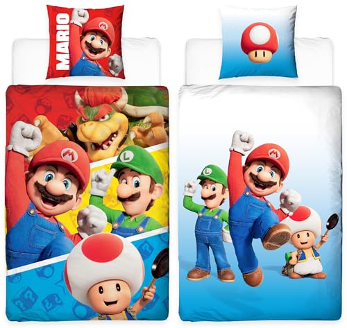 NINTENDO Super Mario Kinder Bettwäsche Wende Motiv - Kissenbezug 80x80 + Bettbezug 135x200 cm - 100 % Baumwolle - NEU