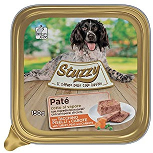 Stuzzy Mister, Comida húmeda para Perros Adultos, Sabor Pavo, Guisantes y Zanahorias, paté y Carne en trozos - Total 3,3 kg (22 tarrinas x 150 gr)