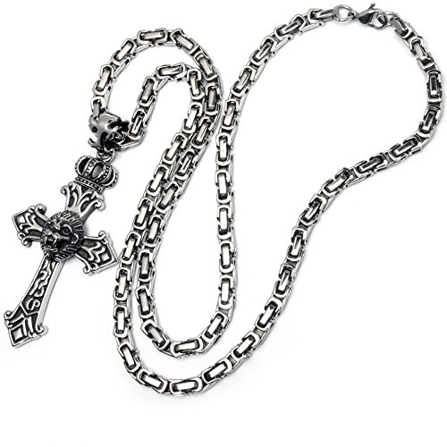 Schmuck-Checker Edelstahl Kreuz Anhänger + 60cm Königskette Löwe Krone silber Halskette Hiphop Bikerschmuck Herren Männer Geschenk