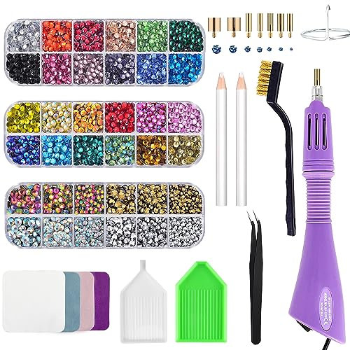 Bedazzler Kit with Rhinestones, Hot Fixed Gems Craft Applicator - Diamond Painting Pen, Wax Pencil, Tweezers, Tray, Cleaning Brush & Cloth, 28 Colors Rhinestones Crystals for DIY Clothes Shoes, Purple