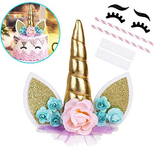 OWILL Unicorn Cake Topper with Eyelashes Party Cake Decoration Supplies for Birthday Party Wedding Baby Shower 5.8 inch (Green Flower Gold Horn)
